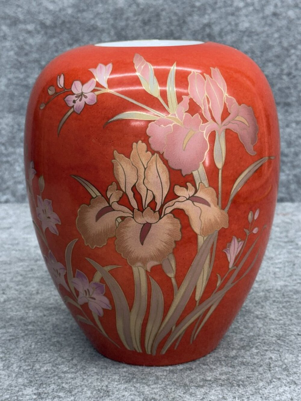 Vintage Japanese Kutani Style Porcelain Vase Burnt Orange Hand-Painted Irises